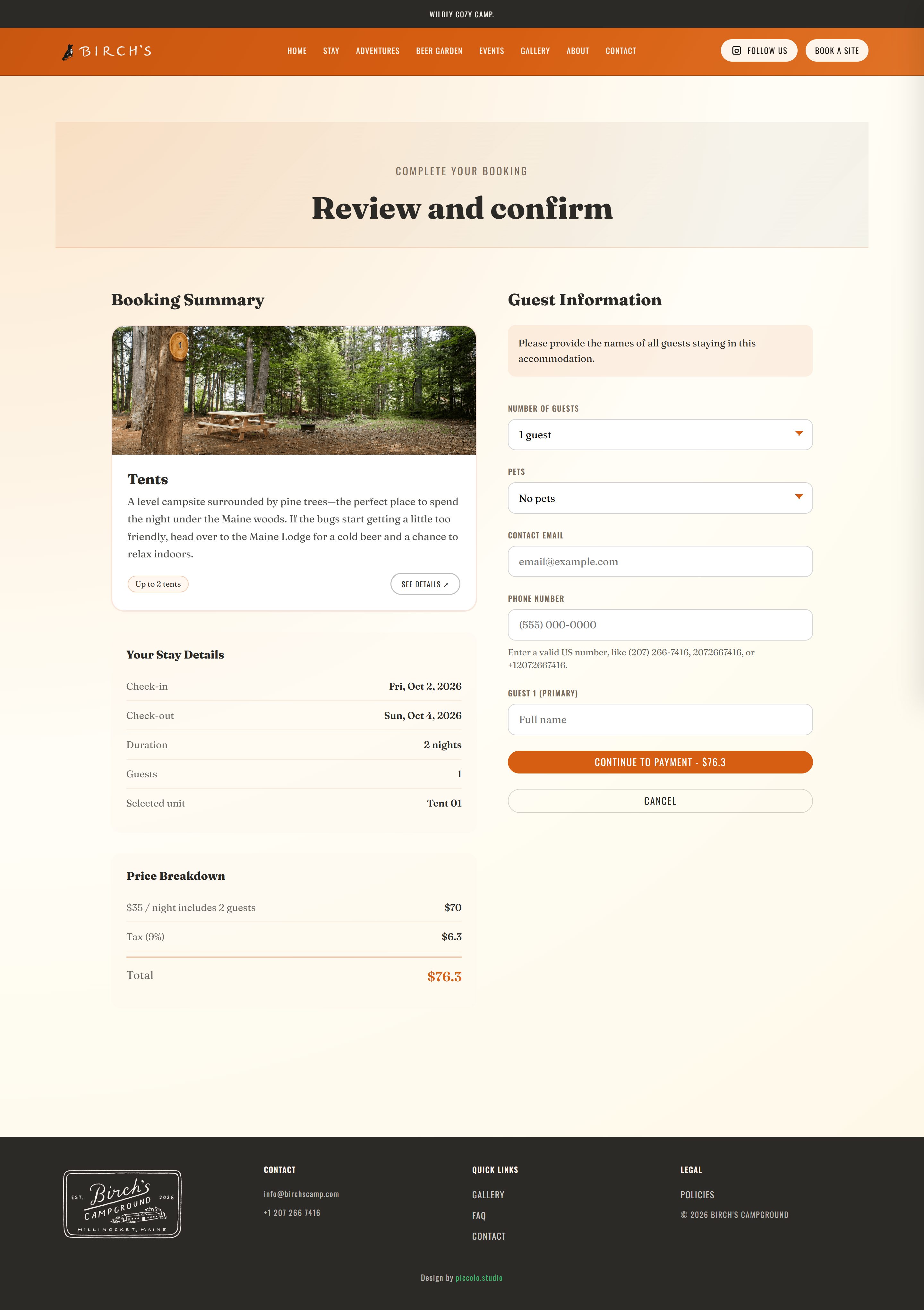 Checkout page: booking summary, price breakdown with tax, guest details and card payment
