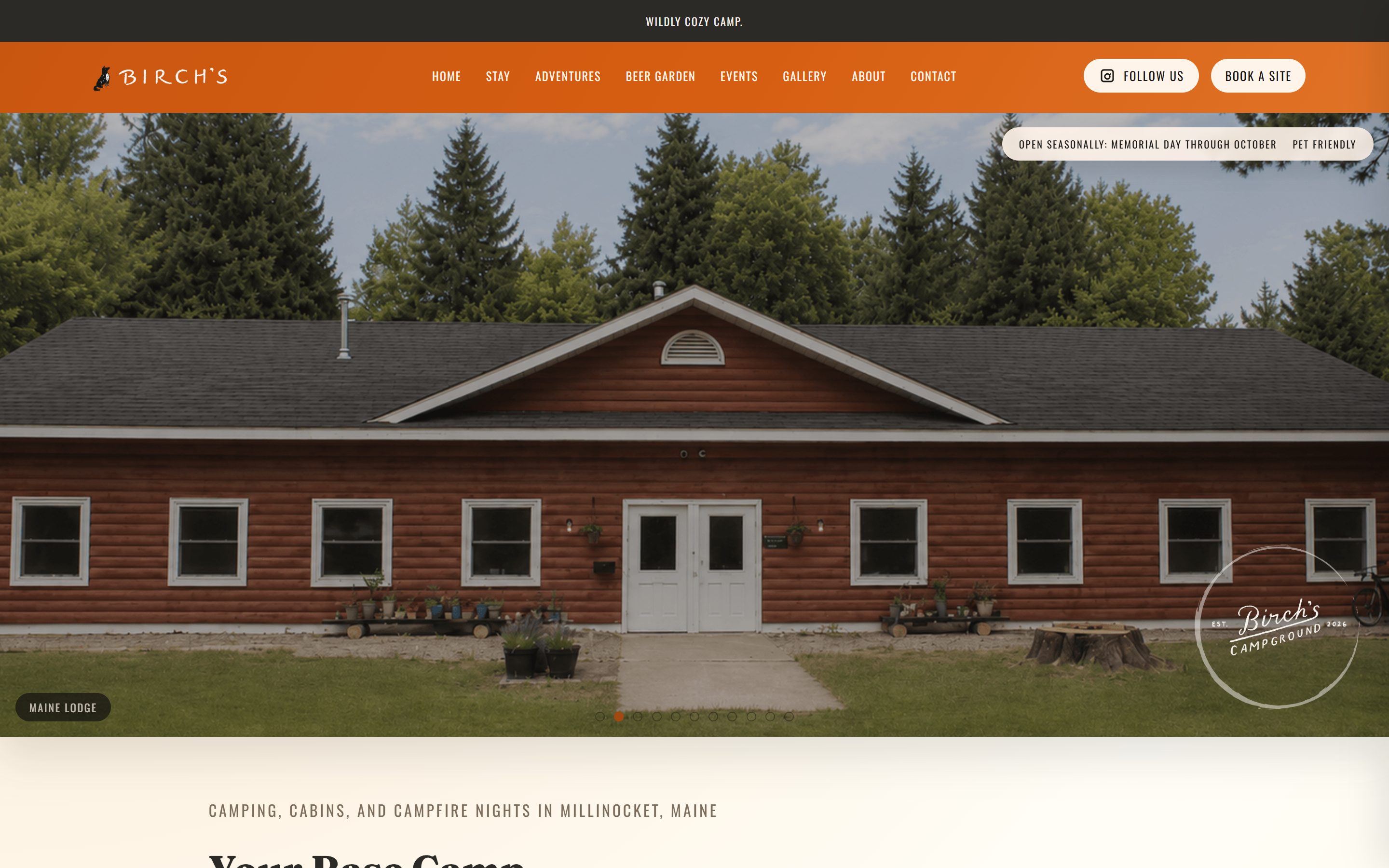 Birchs Campground home page, with the Katahdin valley behind the campground wordmark