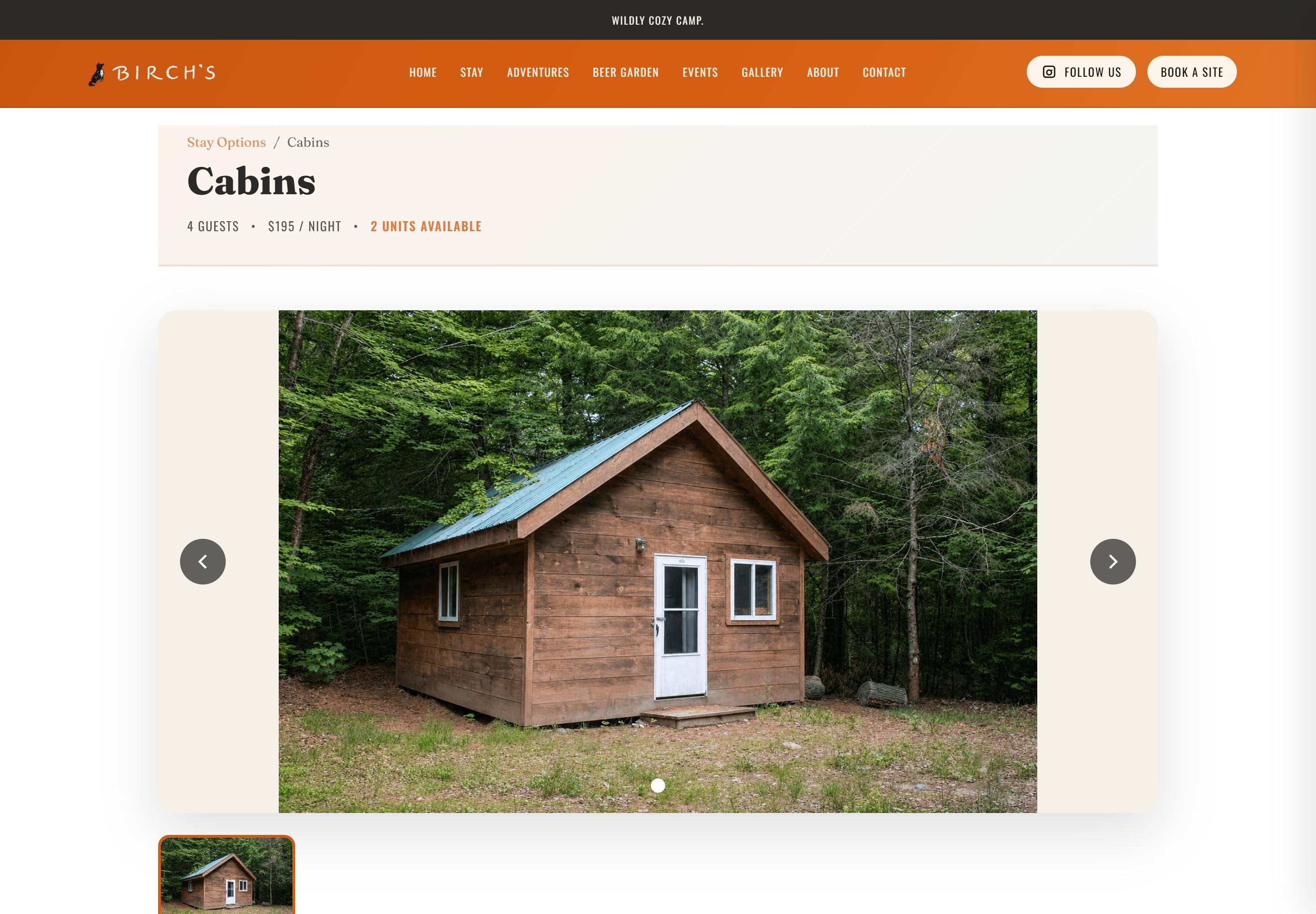 A single accommodation page showing nightly price, amenities and availability